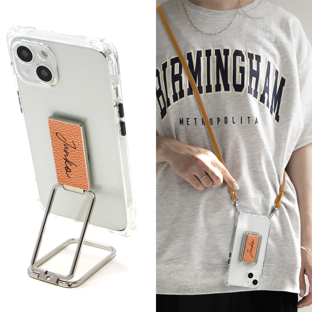 iPhone16 スマホスタンドになる名入れ多機能リング＆透明クリアケース ストラップ付き