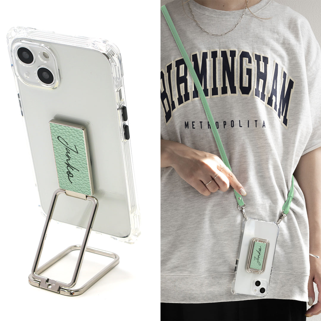 iPhone14 Pro スマホスタンドになる名入れ多機能リング＆透明クリアケース ストラップ付き