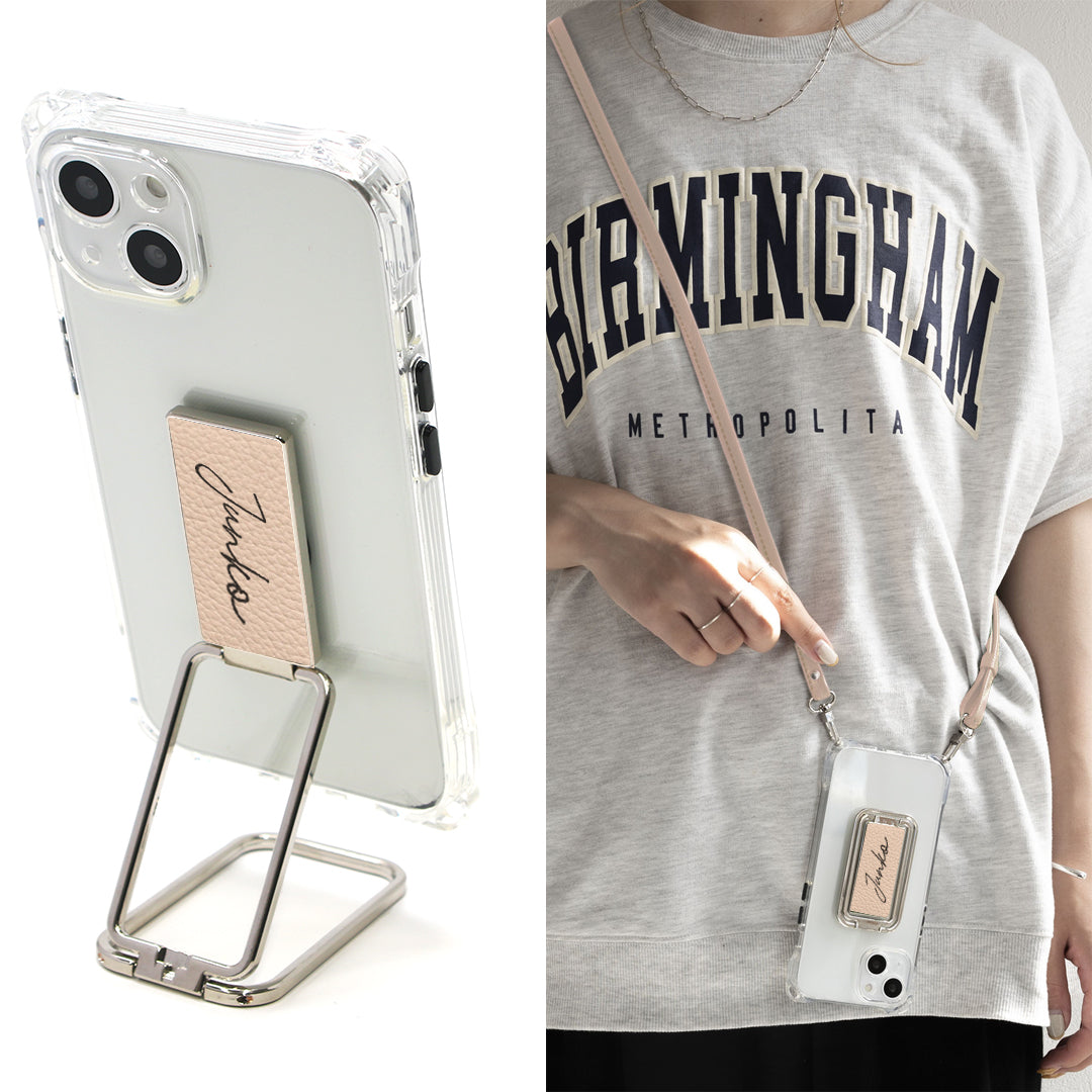 iPhone14 Pro スマホスタンドになる名入れ多機能リング＆透明クリアケース ストラップ付き
