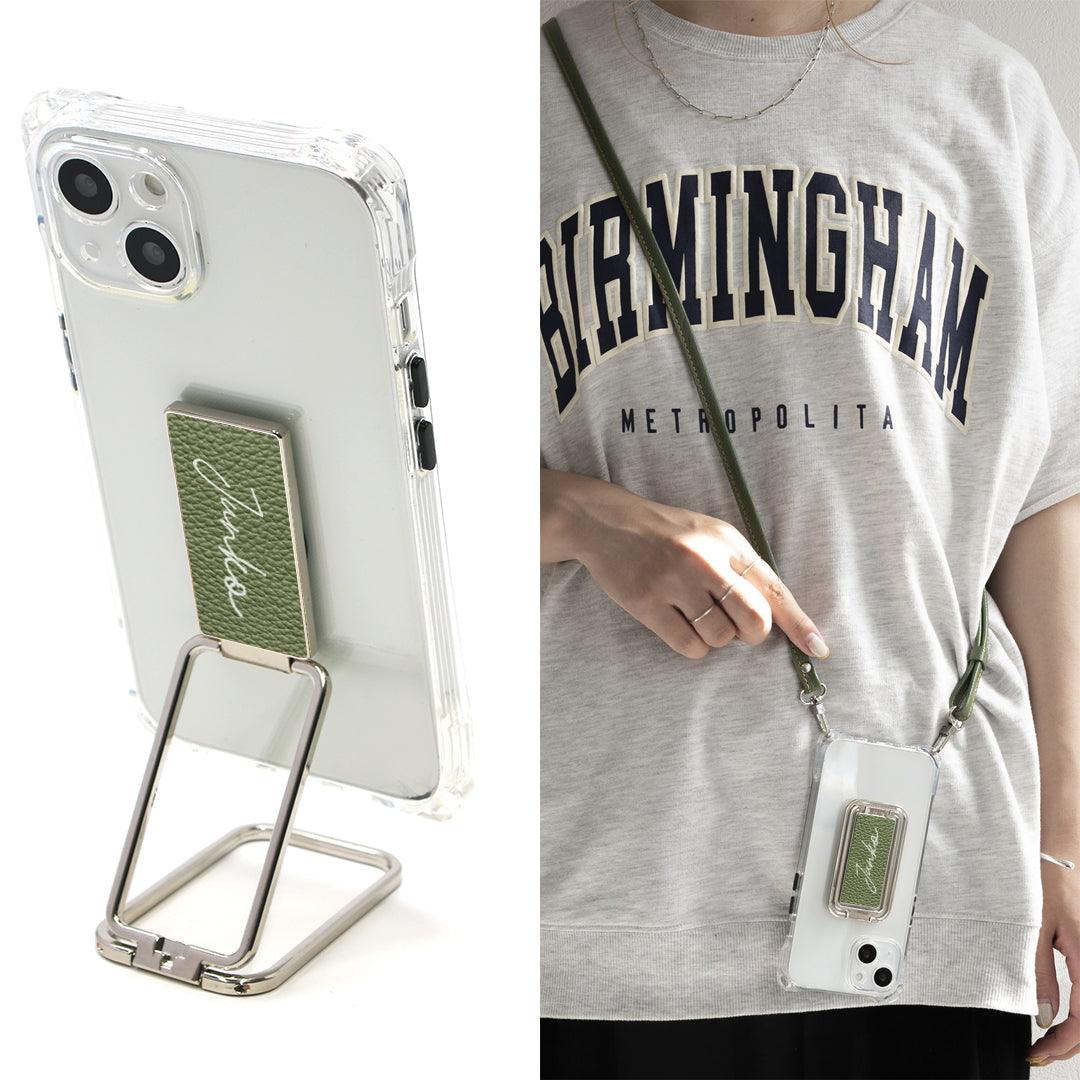 iPhone6 PLUS スマホスタンドになる名入れ多機能リング＆透明クリアケース ストラップ付き