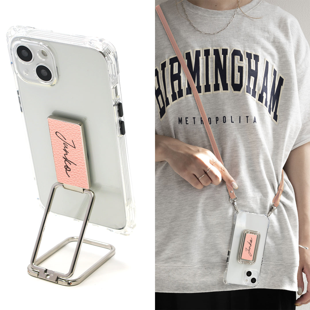 iPhone6s スマホスタンドになる名入れ多機能リング＆透明クリアケース ストラップ付き