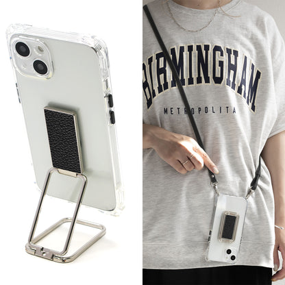 iPhone16 Pro Max スマホスタンドになる名入れ多機能リング＆透明クリアケース ストラップ付き