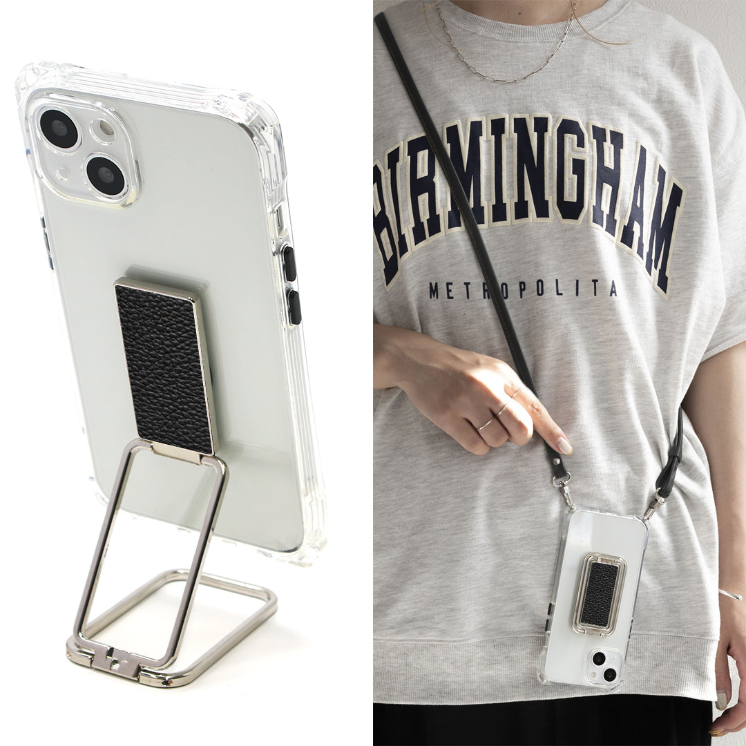 iPhone13 スマホスタンドになる名入れ多機能リング＆透明クリアケース ストラップ付き