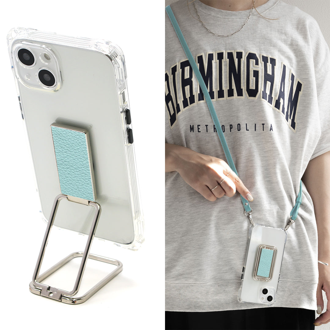 iPhone16 Pro Max スマホスタンドになる名入れ多機能リング＆透明クリアケース ストラップ付き