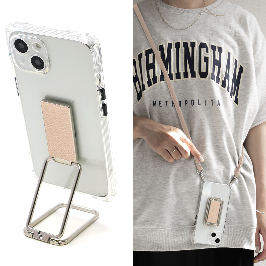 iPhone6 スマホスタンドになる名入れ多機能リング＆透明クリアケース ストラップ付き