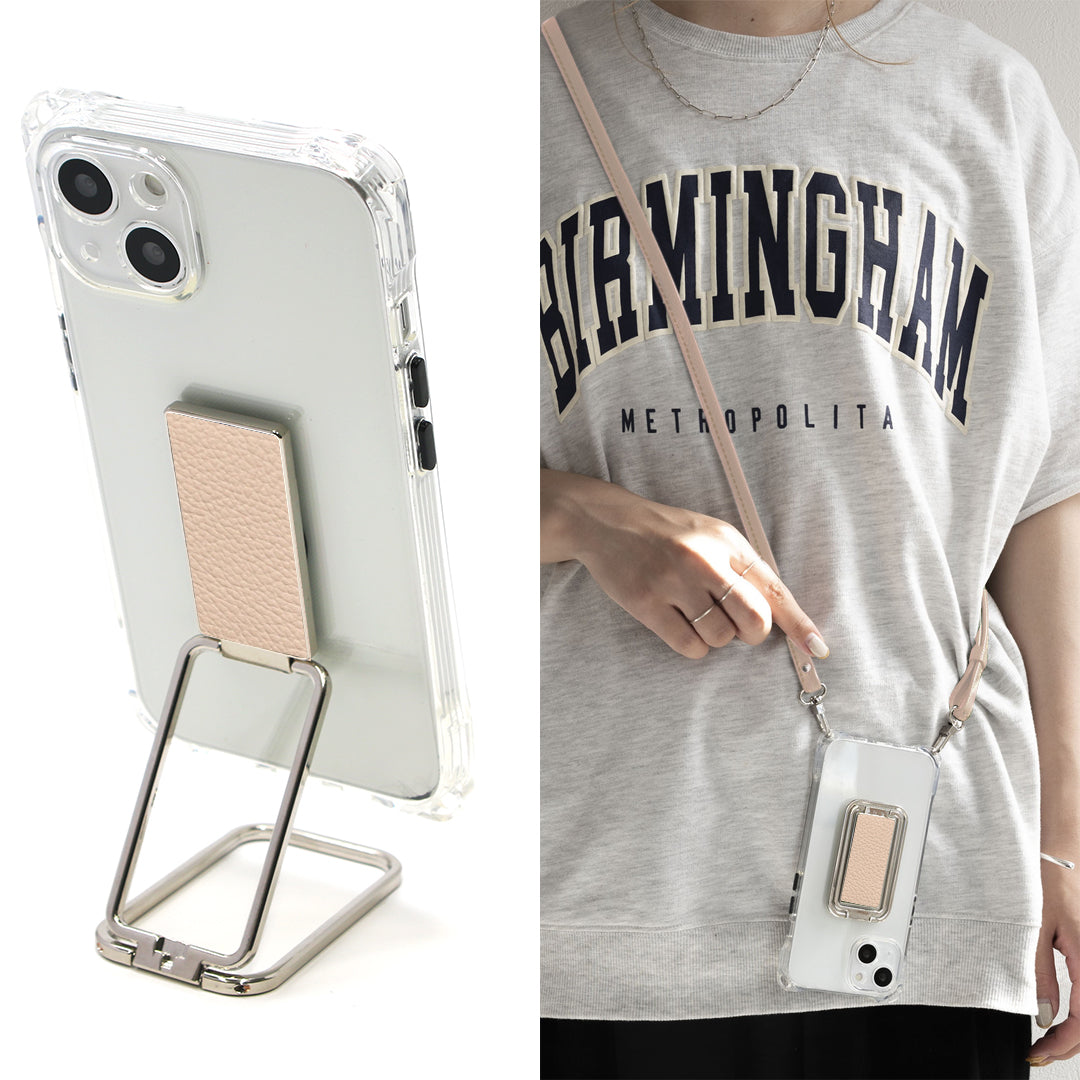 iPhone13 スマホスタンドになる名入れ多機能リング＆透明クリアケース ストラップ付き