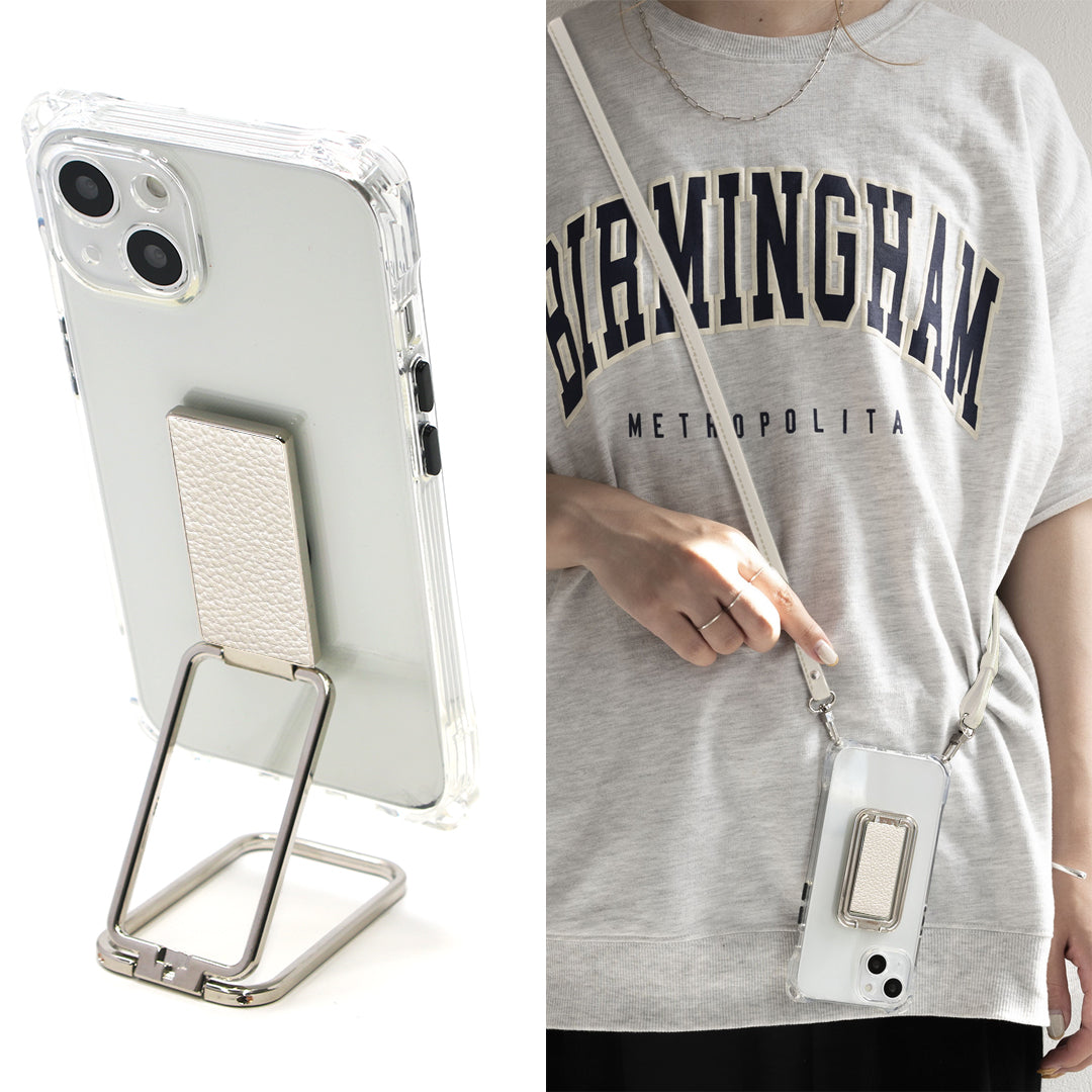 iPhone16 スマホスタンドになる名入れ多機能リング＆透明クリアケース ストラップ付き