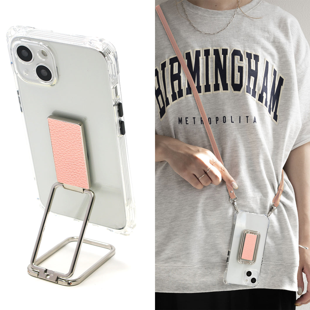 iPhone6 スマホスタンドになる名入れ多機能リング＆透明クリアケース ストラップ付き