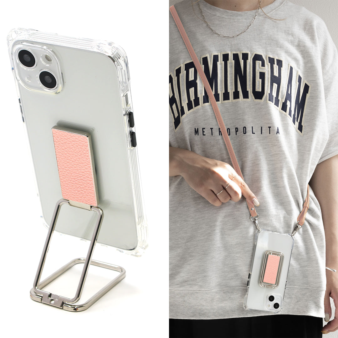 iPhone14 Pro スマホスタンドになる名入れ多機能リング＆透明クリアケース ストラップ付き