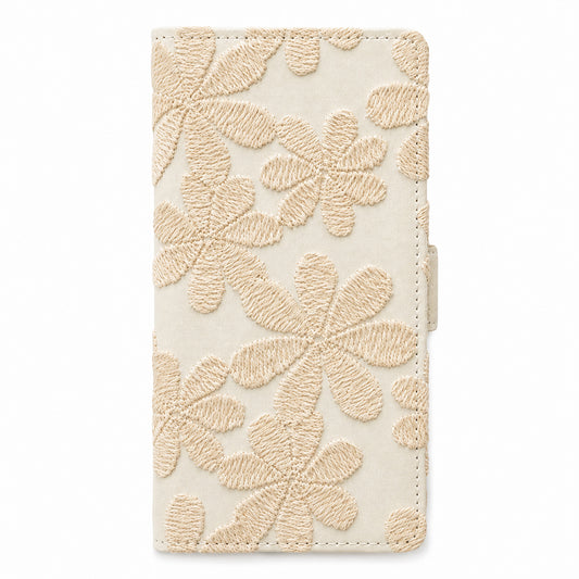 BASIO3 au KYV43 ラテフラワー 刺繍 サイドマグネット スマホケース 手帳型