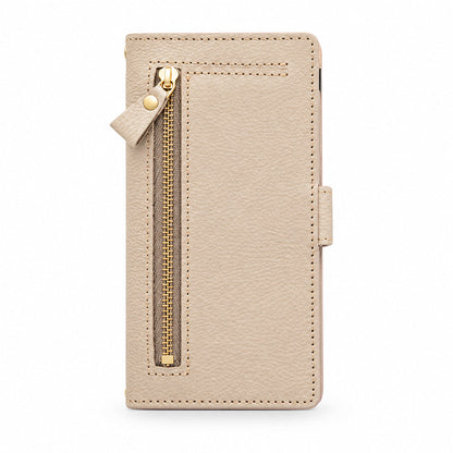 iPhone15 Pro 姫路レザー シュリンクレザー ファスナーポケット付き スマホケース 手帳型 本革 サイドマグネット スマホショルダー