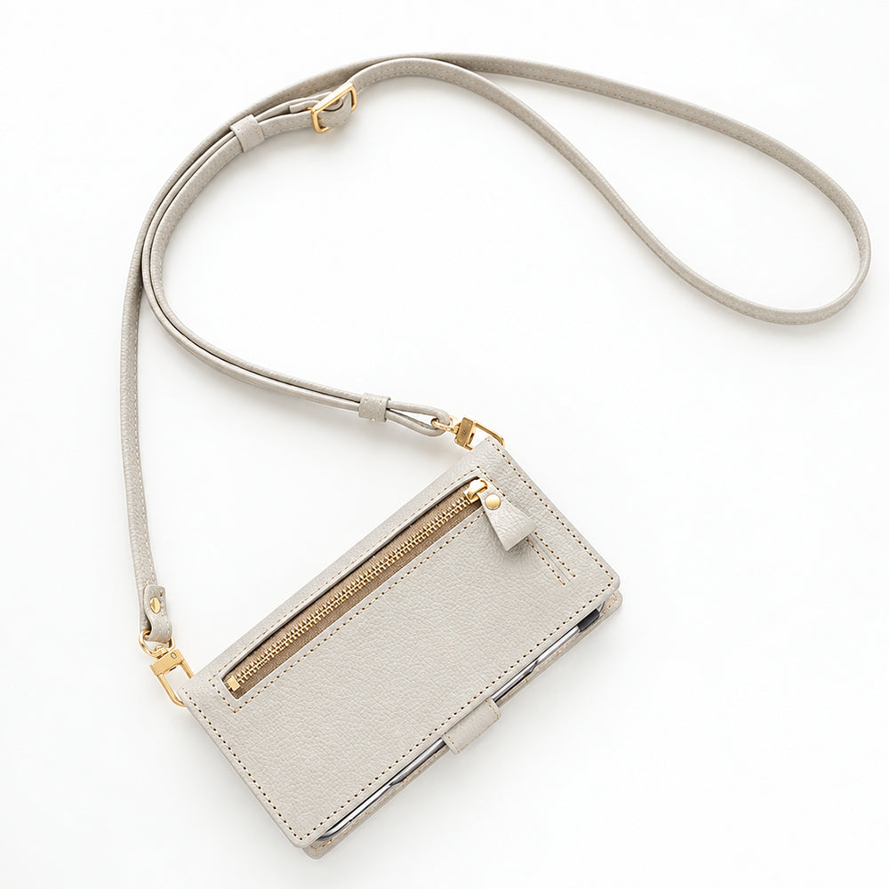 iPhone15 Plus 姫路レザー シュリンクレザー ファスナーポケット付き スマホケース 手帳型 本革 サイドマグネット スマホショルダー