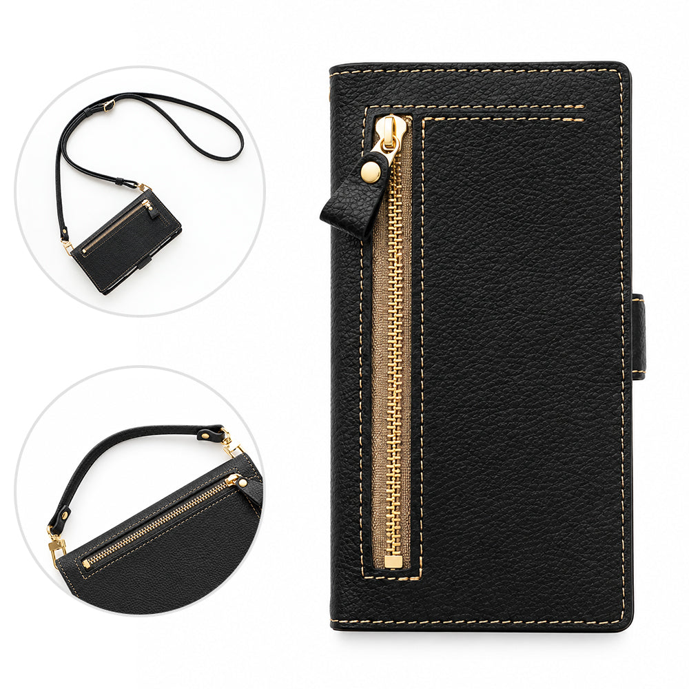 iPhone 6s 姫路レザー シュリンクレザー ファスナーポケット付き スマホケース 手帳型 本革 サイドマグネット スマホショルダー