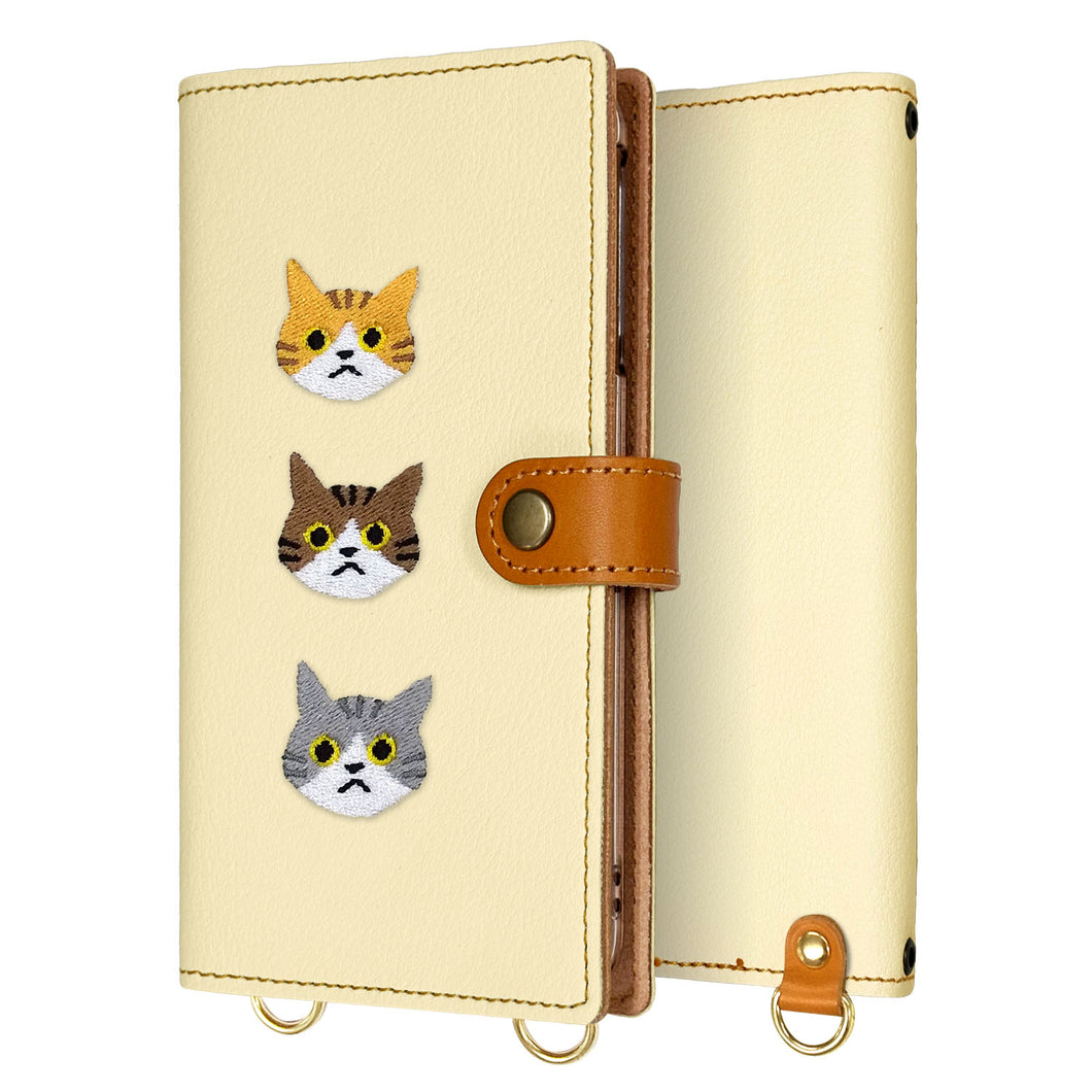 iPhone12 刺繍 3匹の猫 手帳型ケース 耐衝撃