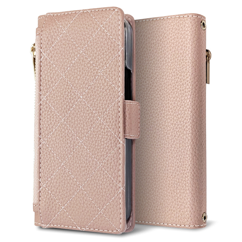 らくらくスマートフォン me F-03K docomo キルティング コインケース付き スマホケース 手帳型 ミラー付き サイドマグネット