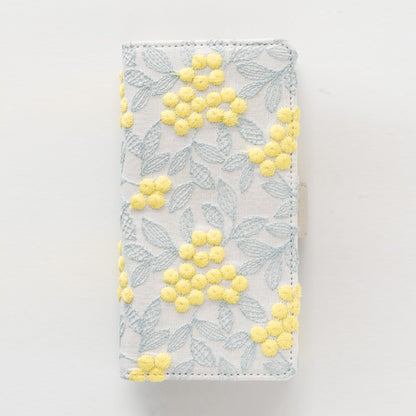 Google Pixel 11 Pro XL ぷっくりミモザ 刺繍 サイドマグネット スマホケース 手帳型
