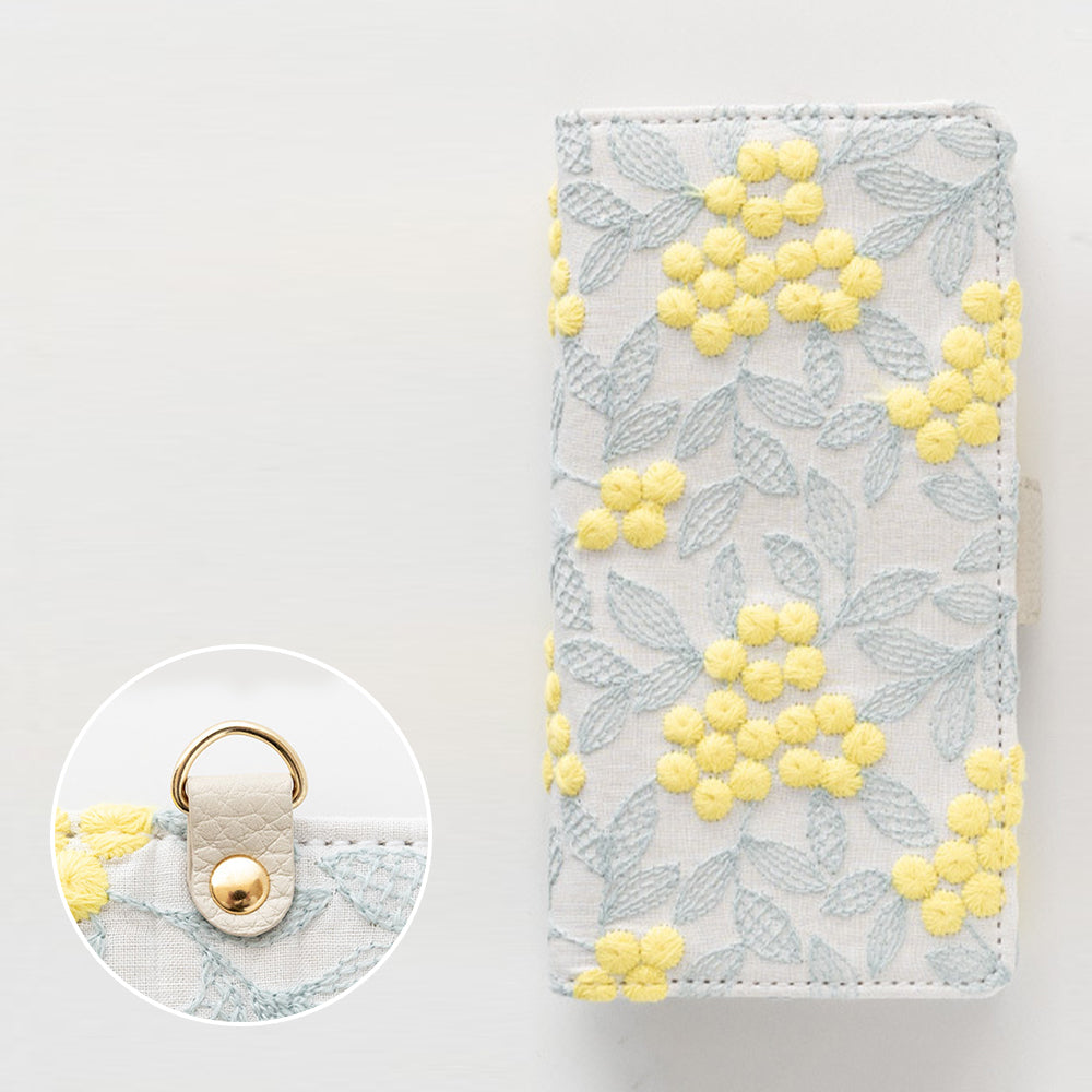 Google Pixel 11 Pro XL ぷっくりミモザ 刺繍 サイドマグネット スマホケース 手帳型