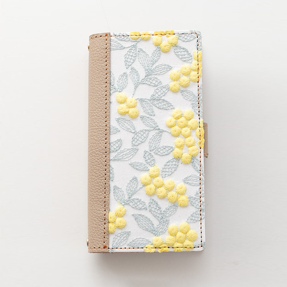 Galaxy S8+ SCV35 au ぷっくりミモザ × シュリンクレザー 本革 サイドマグネット スマホケース 手帳型