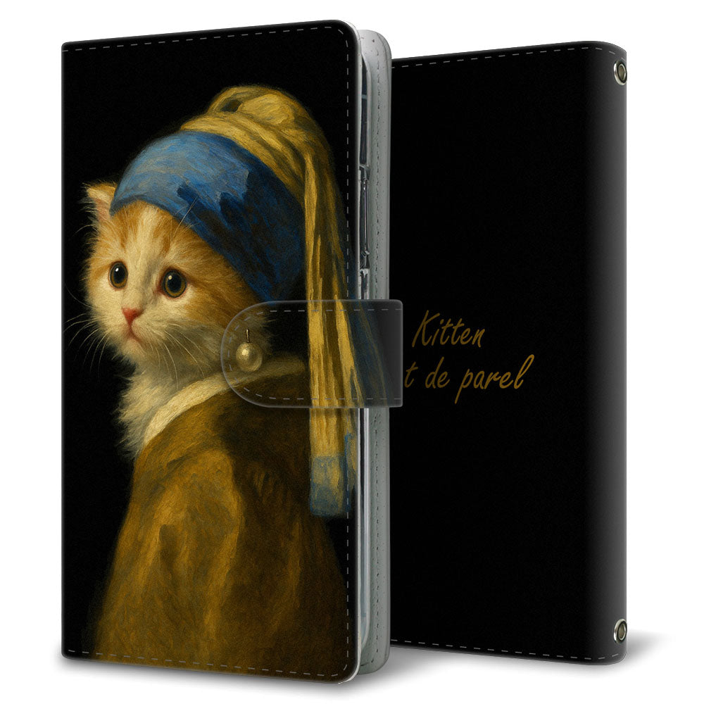 OPPO Reno3 5G SoftBank 真珠の耳飾りの子猫 プリント手帳型ケース 耐衝撃