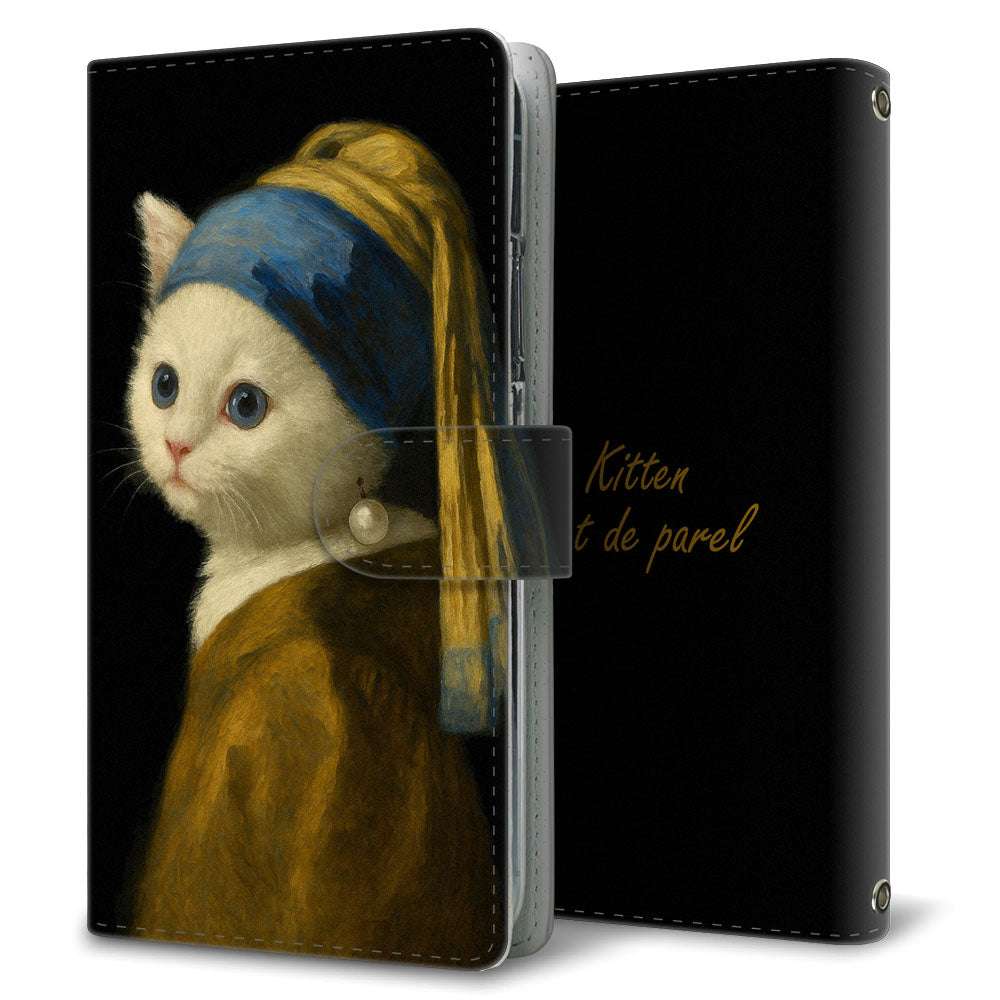 OPPO Reno3 5G SoftBank 真珠の耳飾りの子猫 プリント手帳型ケース 耐衝撃