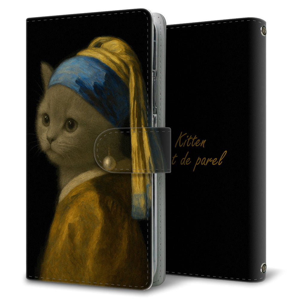 OPPO Reno3 5G SoftBank 真珠の耳飾りの子猫 プリント手帳型ケース 耐衝撃
