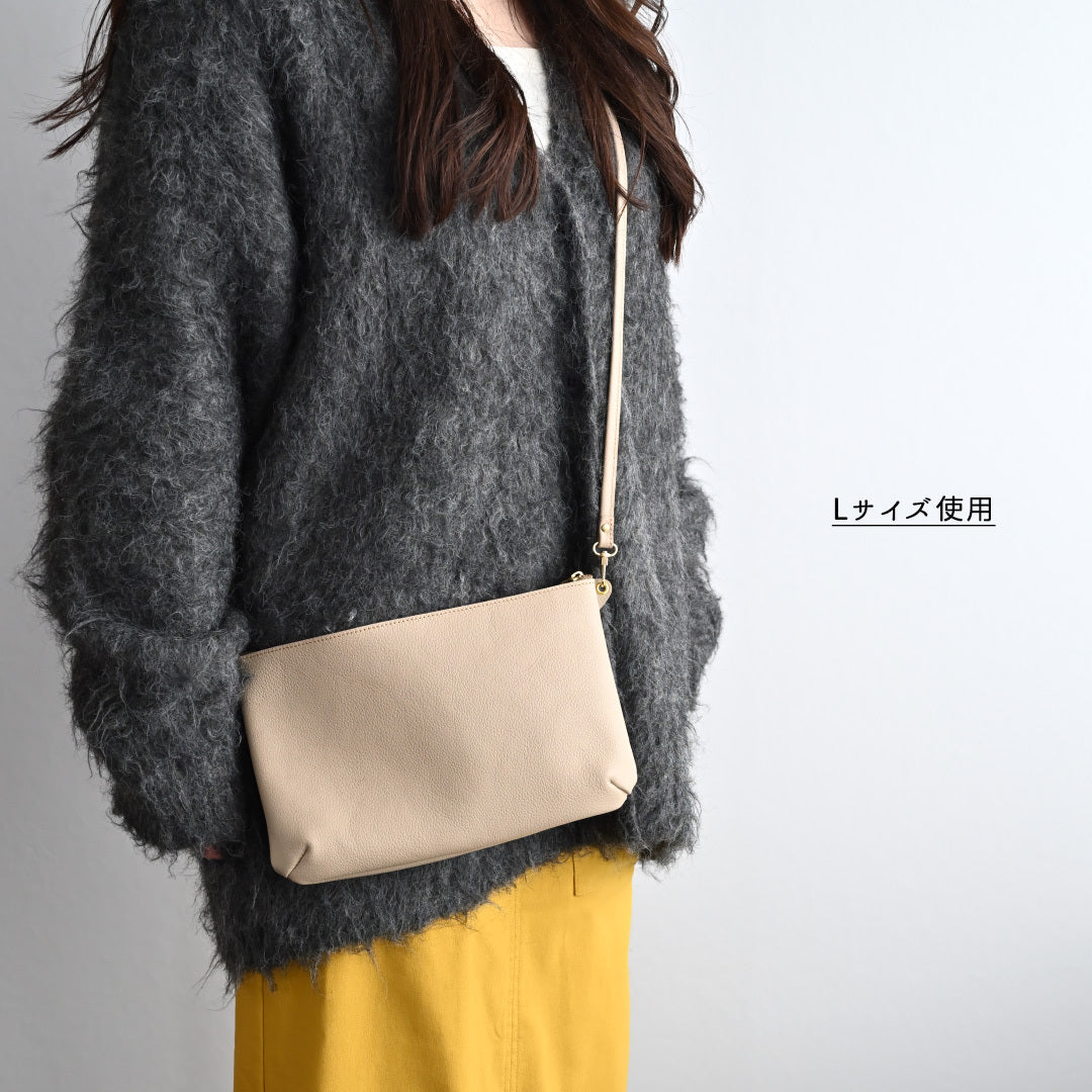 姫路レザー シュリンクレザー 横型マチありファスナーポシェット