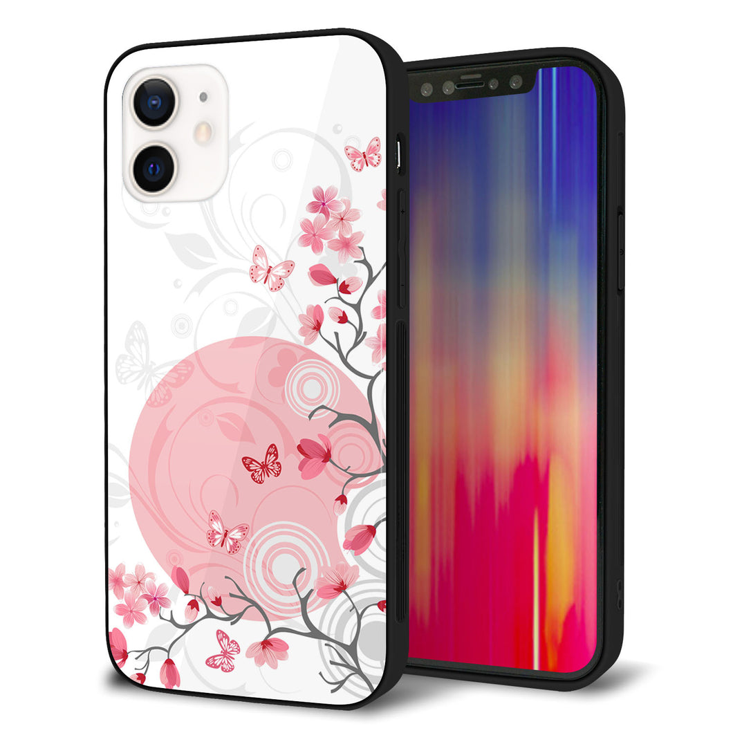 iPhone12 強化ガラス＆TPUスマホケース ガラプリ【030 花と蝶（うす桃色）】