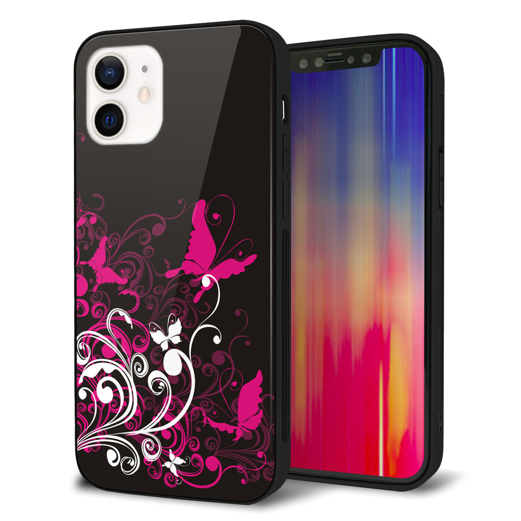 iPhone12 強化ガラス＆TPUスマホケース ガラプリ【585 闇に舞う蝶】
