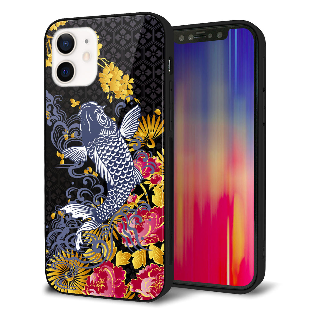 iPhone12 強化ガラス＆TPUスマホケース ガラプリ【1028 牡丹と鯉】