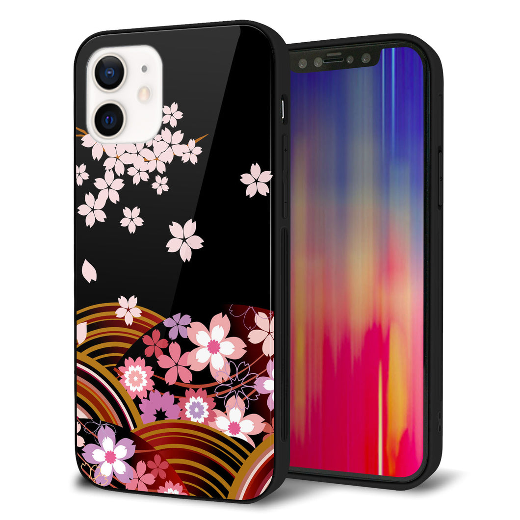 iPhone12 強化ガラス＆TPUスマホケース ガラプリ【1237 和柄＆筆文字・夜桜の宴】