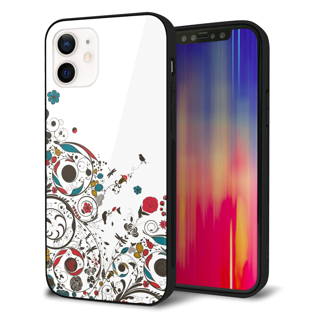 iPhone12 強化ガラス＆TPUスマホケース ガラプリ【EK908 カラフルな花と鳥】