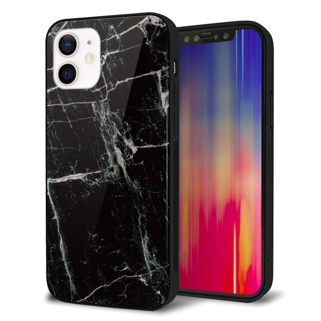 iPhone12 強化ガラス＆TPUスマホケース ガラプリ【KM867 大理石BK】