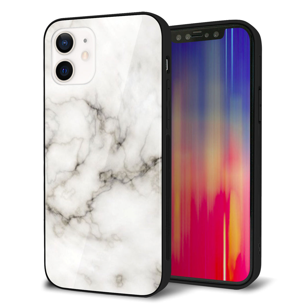 iPhone12 強化ガラス＆TPUスマホケース ガラプリ【KM871 大理石WH】