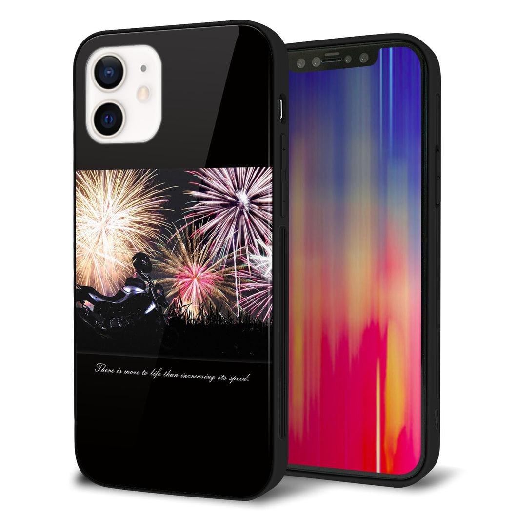iPhone12 強化ガラス＆TPUスマホケース ガラプリ【KM878 バイクと花火】