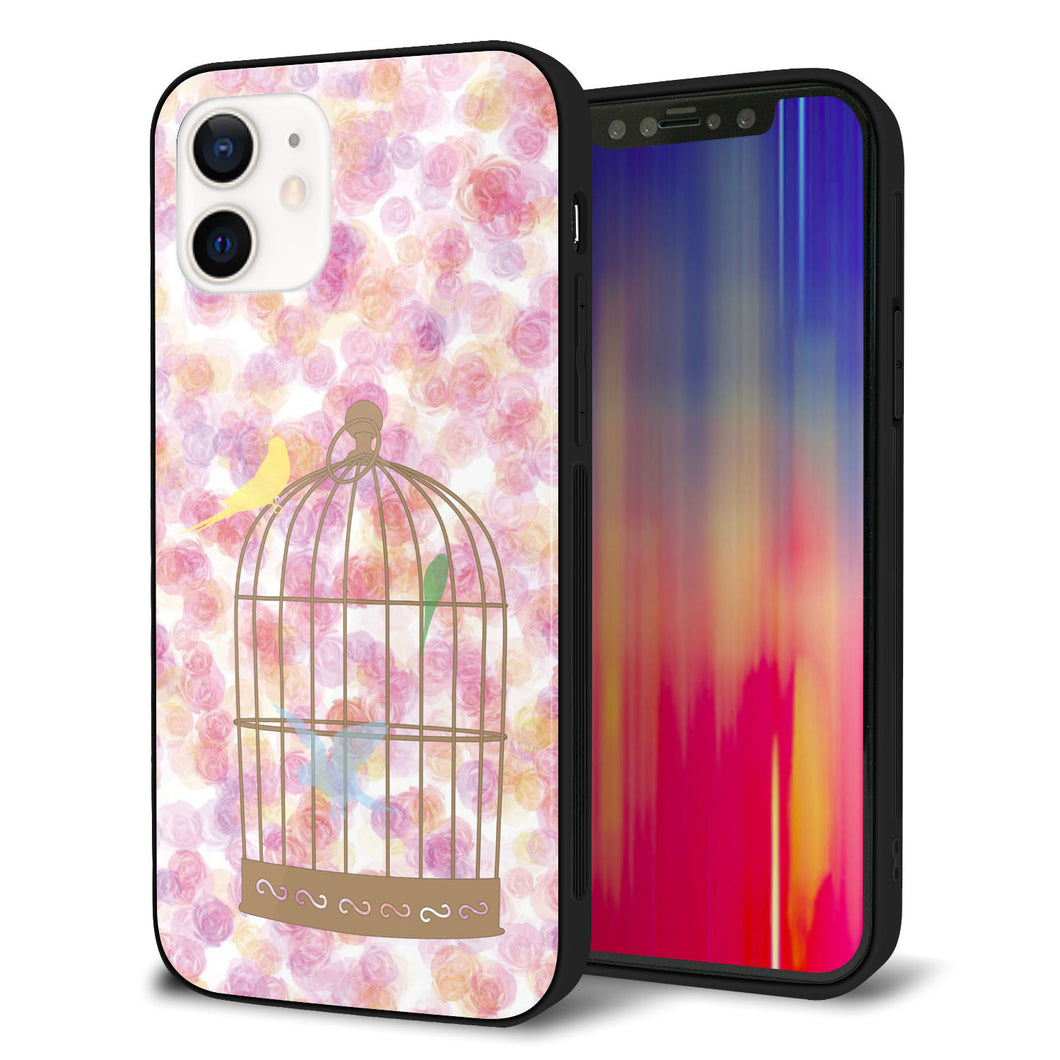 iPhone12 強化ガラス＆TPUスマホケース ガラプリ【KM882 鳥かご】