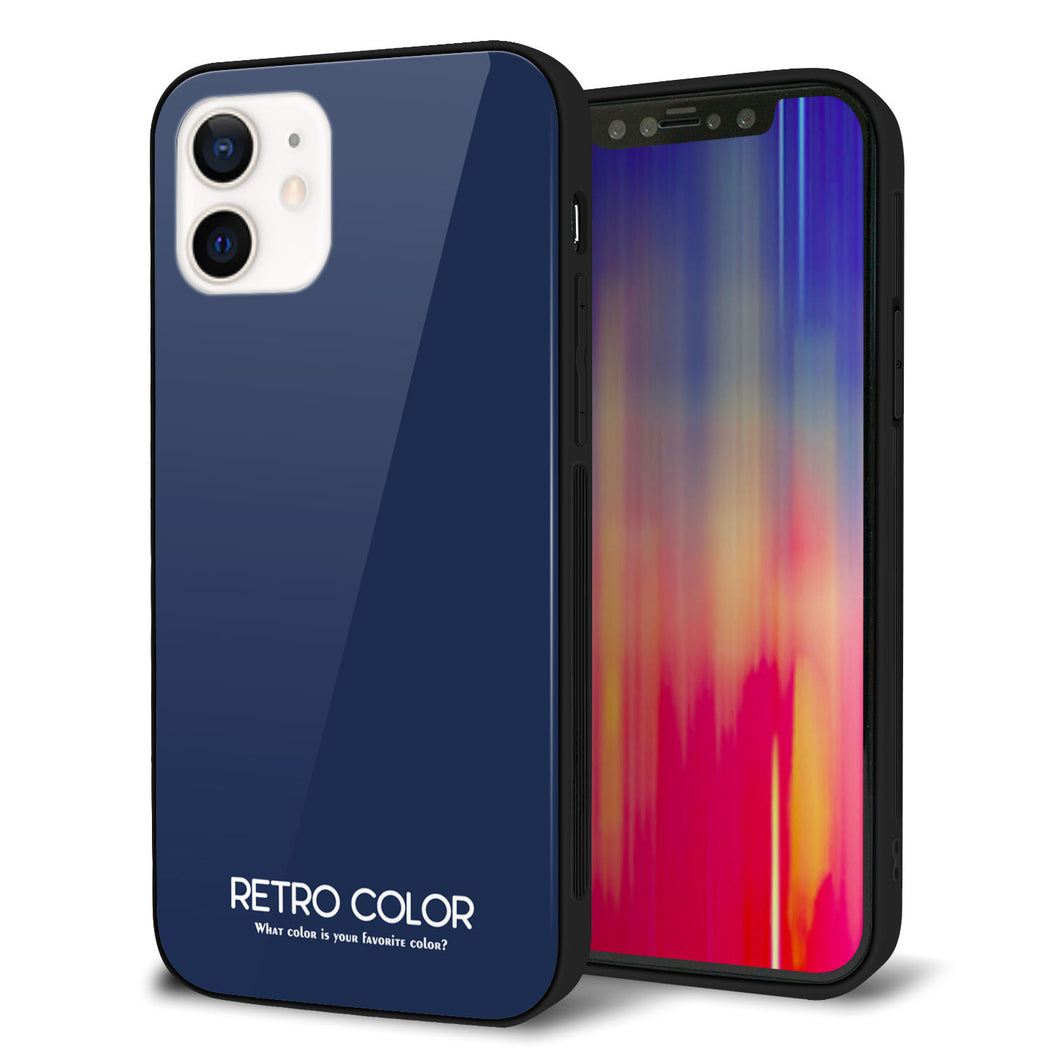 iPhone12 強化ガラス＆TPUスマホケース ガラプリ【KM918 レトロカラー(ネイビー)】
