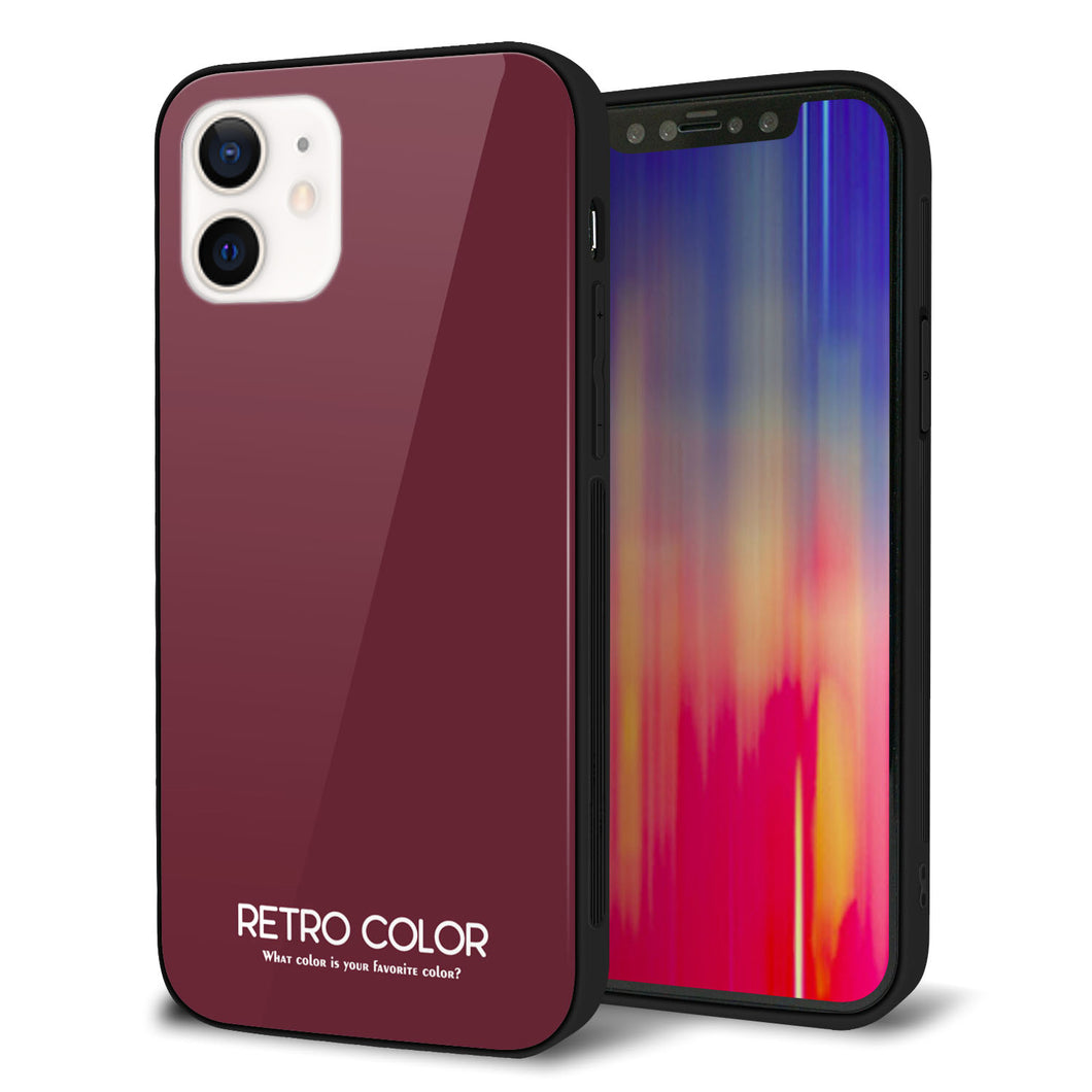 iPhone12 強化ガラス＆TPUスマホケース ガラプリ【KM919 レトロカラー(バーガンディー)】