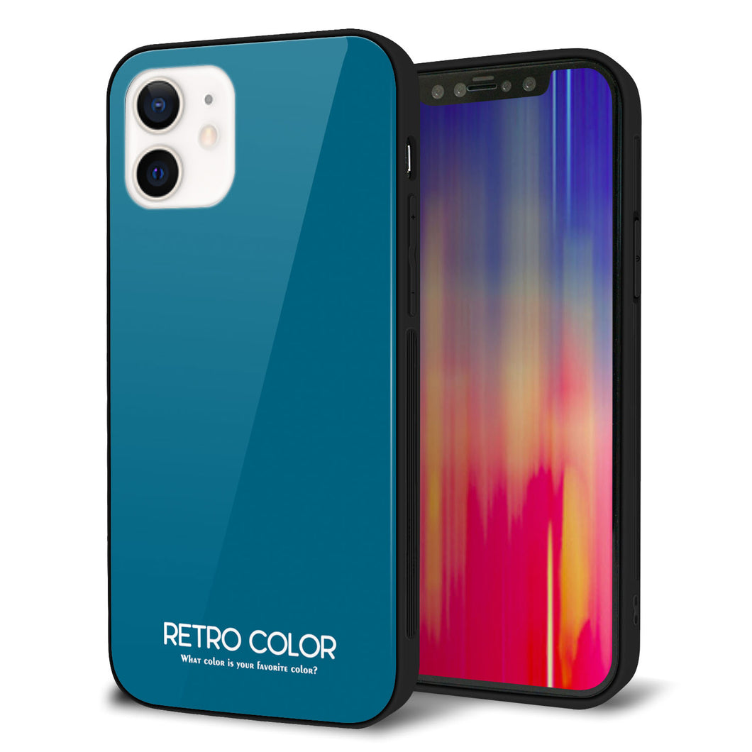 iPhone12 強化ガラス＆TPUスマホケース ガラプリ【KM922 レトロカラー(ダークブルー)】