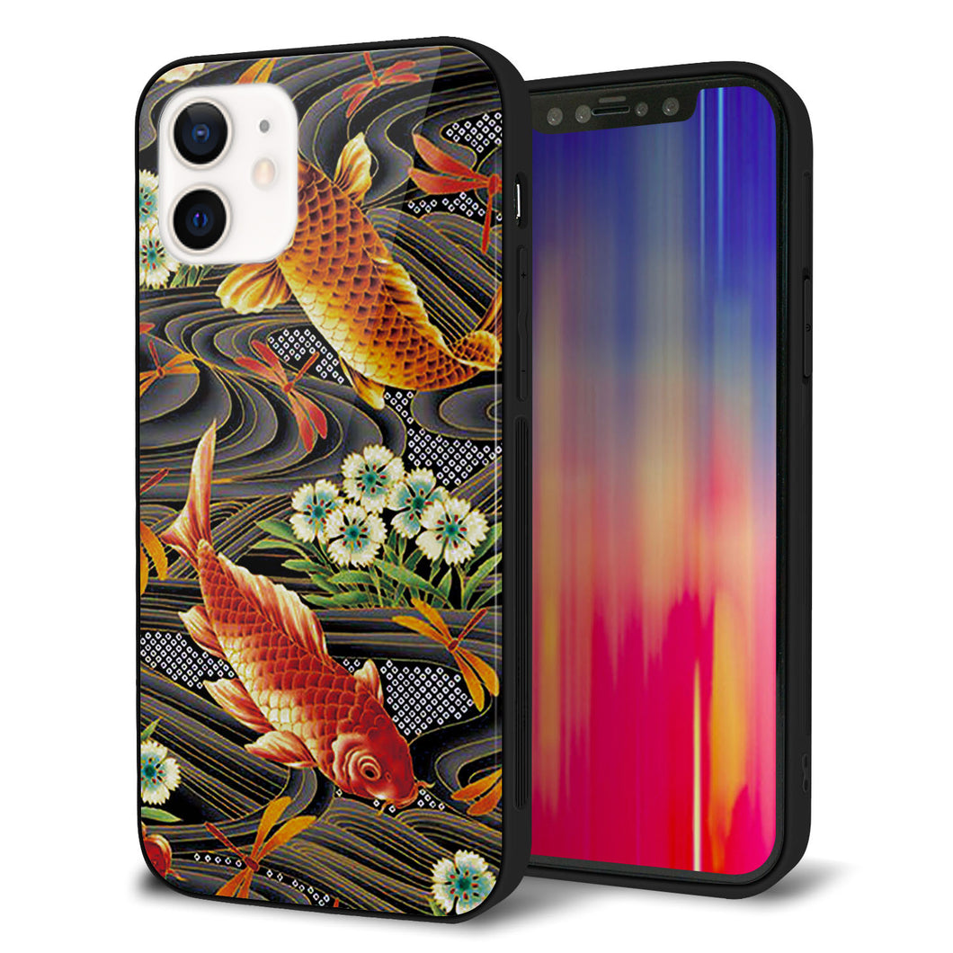 iPhone12 強化ガラス＆TPUスマホケース ガラプリ【MA963 着物柄 鶴鯉 A】