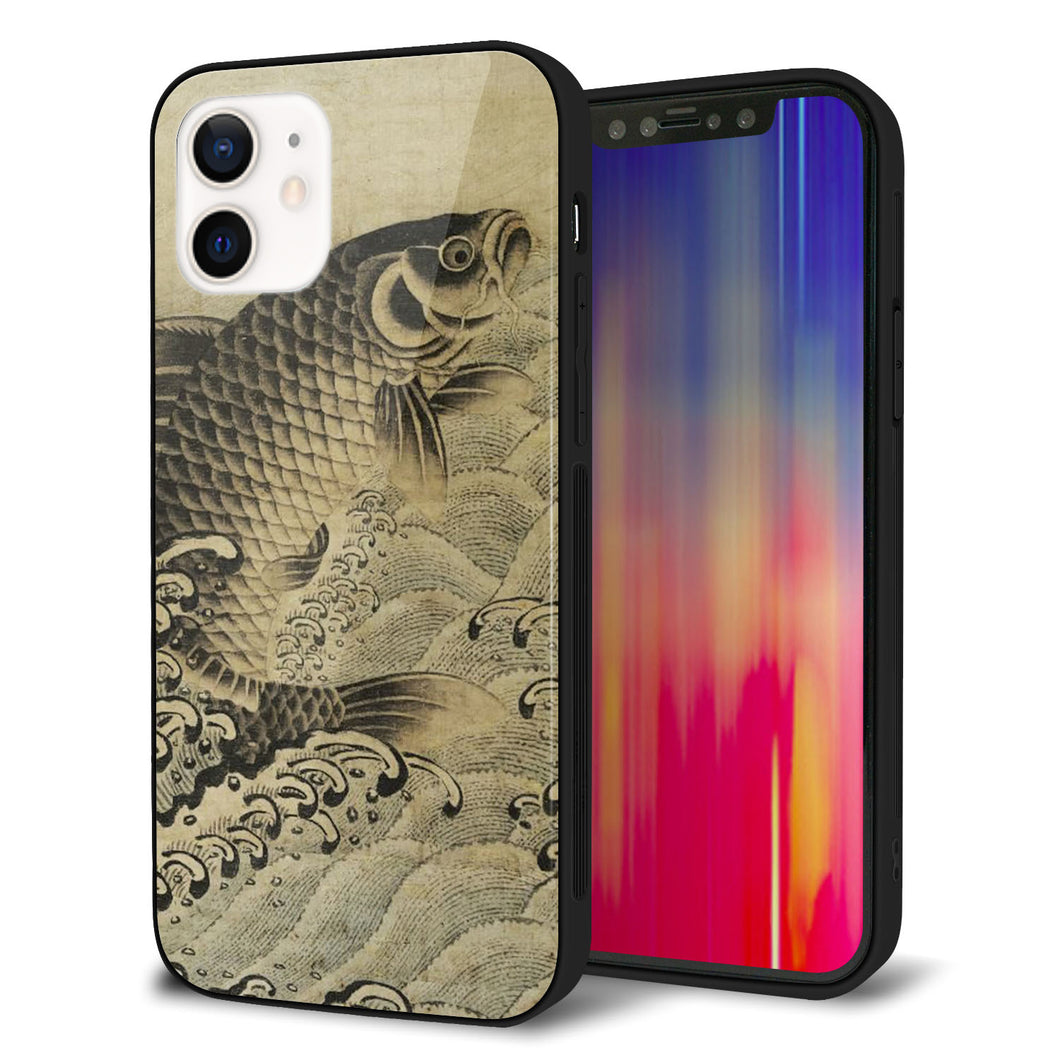 iPhone12 強化ガラス＆TPUスマホケース ガラプリ【MA970 和柄 鶴鯉 B】