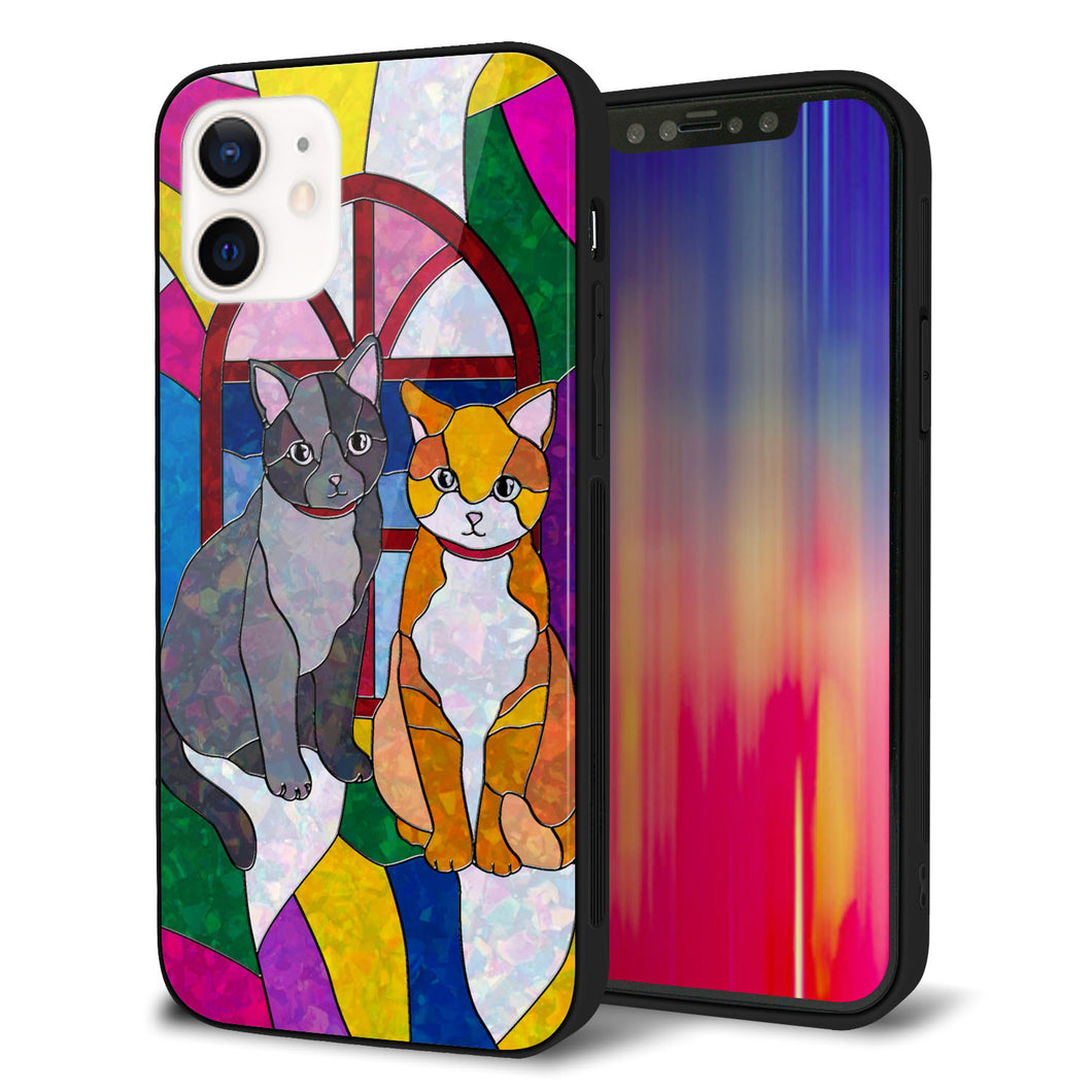 iPhone12 強化ガラス＆TPUスマホケース ガラプリ【MA995 ステンドグラス ネコ】