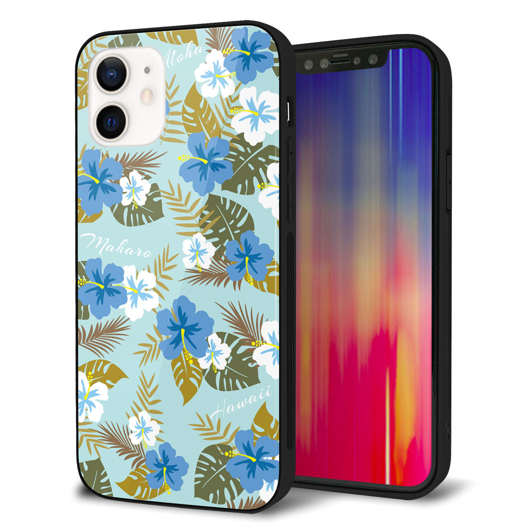 iPhone12 強化ガラス＆TPUスマホケース ガラプリ【SC883 ハワイアンアロハレトロ（ブルー）】