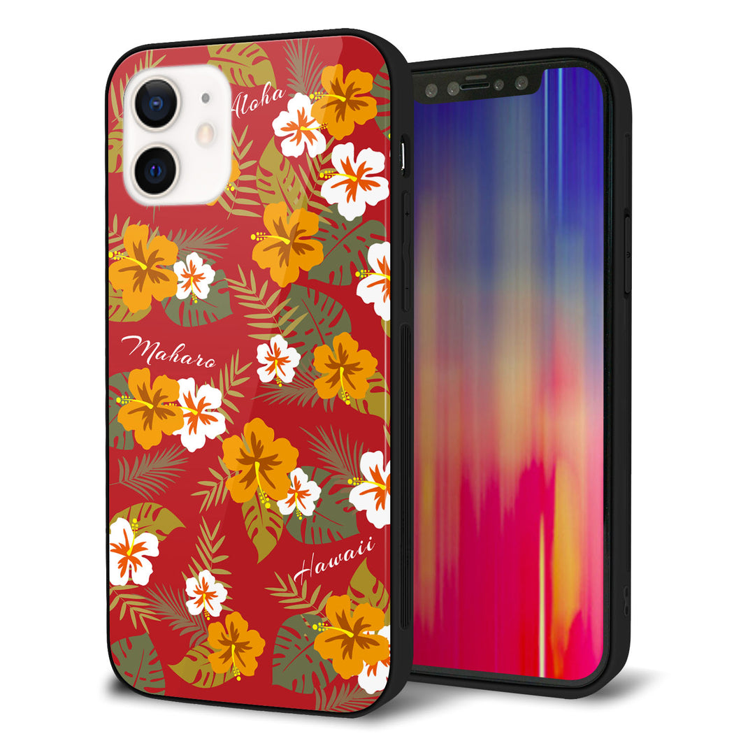 iPhone12 強化ガラス＆TPUスマホケース ガラプリ【SC885 ハワイアンアロハレトロ（レッド）】