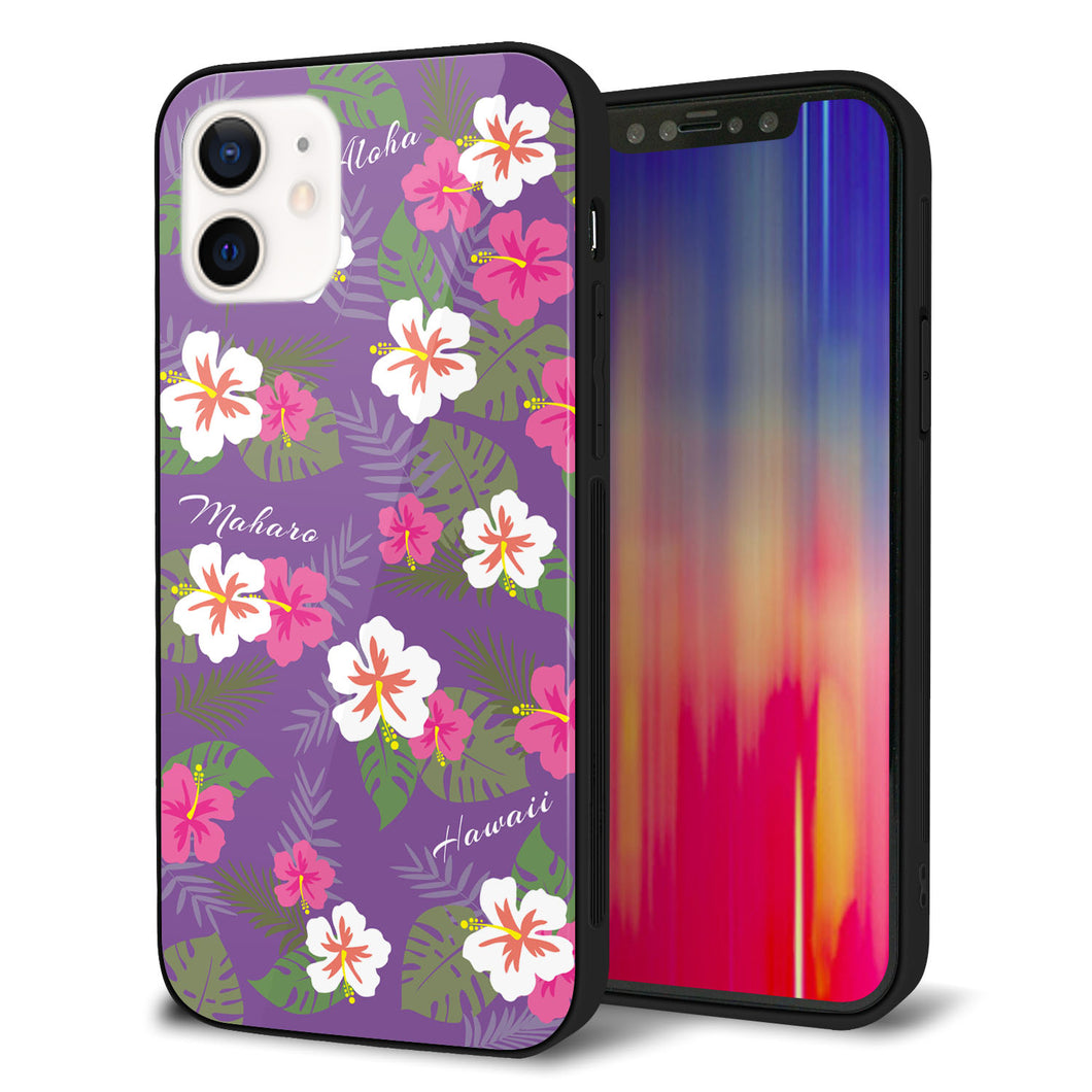 iPhone12 強化ガラス＆TPUスマホケース ガラプリ【SC886 ハワイアンアロハレトロ（パープル）】