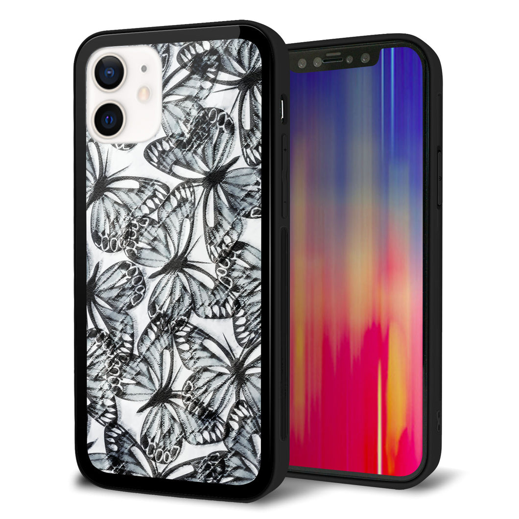 iPhone12 強化ガラス＆TPUスマホケース ガラプリ【SC905 ガーデンバタフライ ブラック】