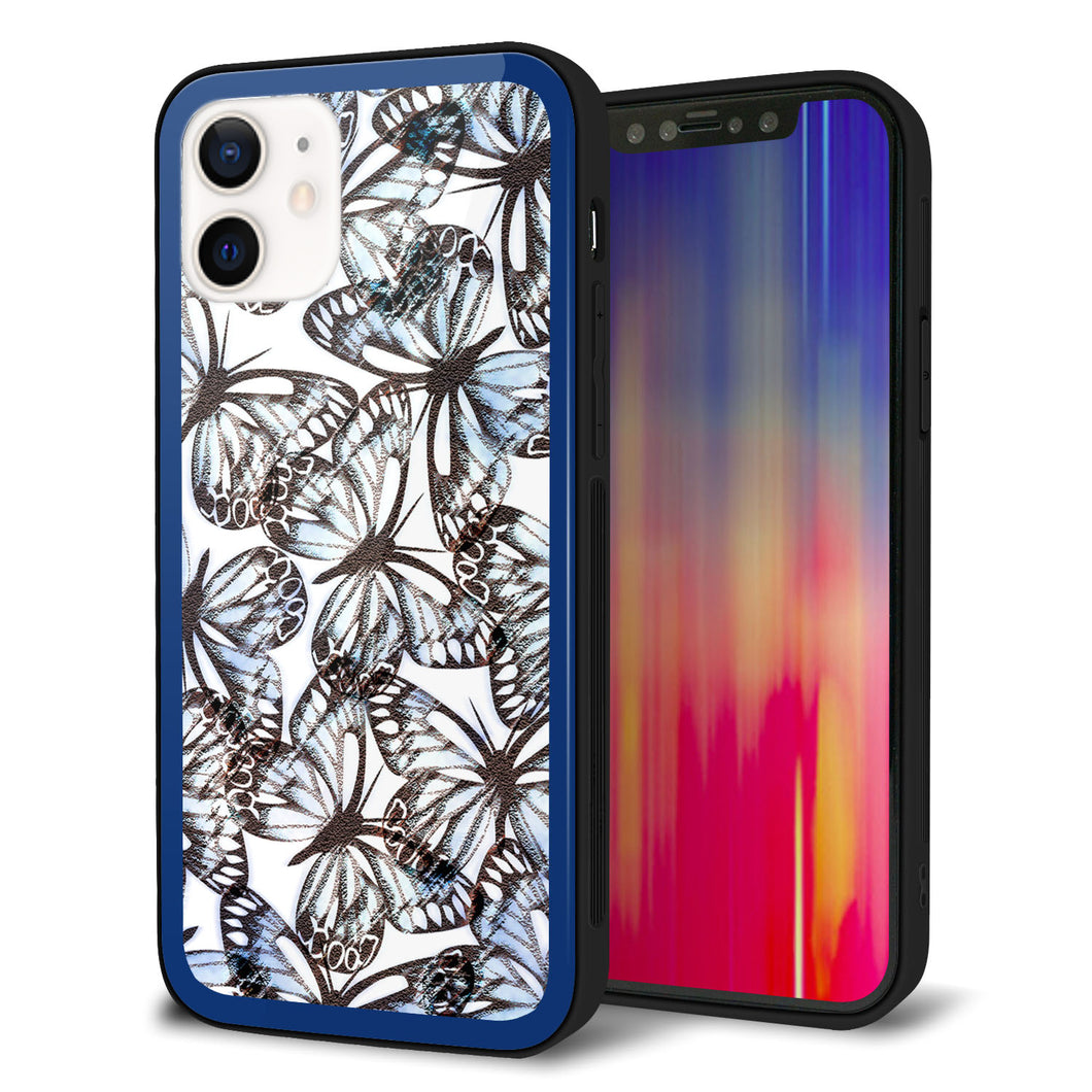iPhone12 強化ガラス＆TPUスマホケース ガラプリ【SC906 ガーデンバタフライ ブルー】