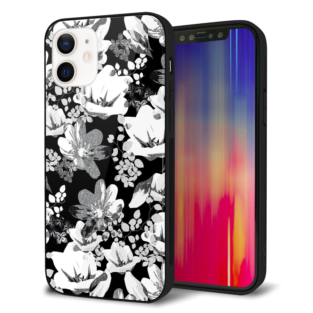 iPhone12 強化ガラス＆TPUスマホケース ガラプリ【SC913 花柄モノトーン 02】