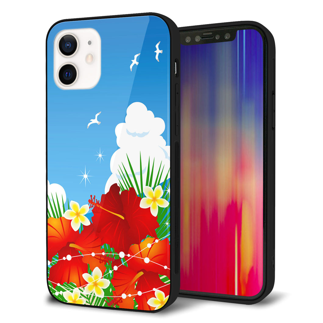 iPhone12 強化ガラス＆TPUスマホケース ガラプリ【VA821 ハイビスカスと青空】