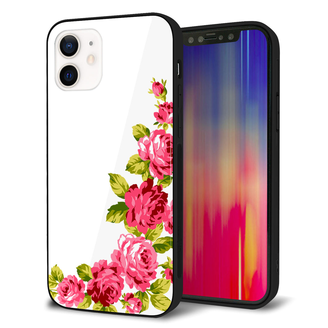 iPhone12 強化ガラス＆TPUスマホケース ガラプリ【VA825 バラのフレーム(白)】