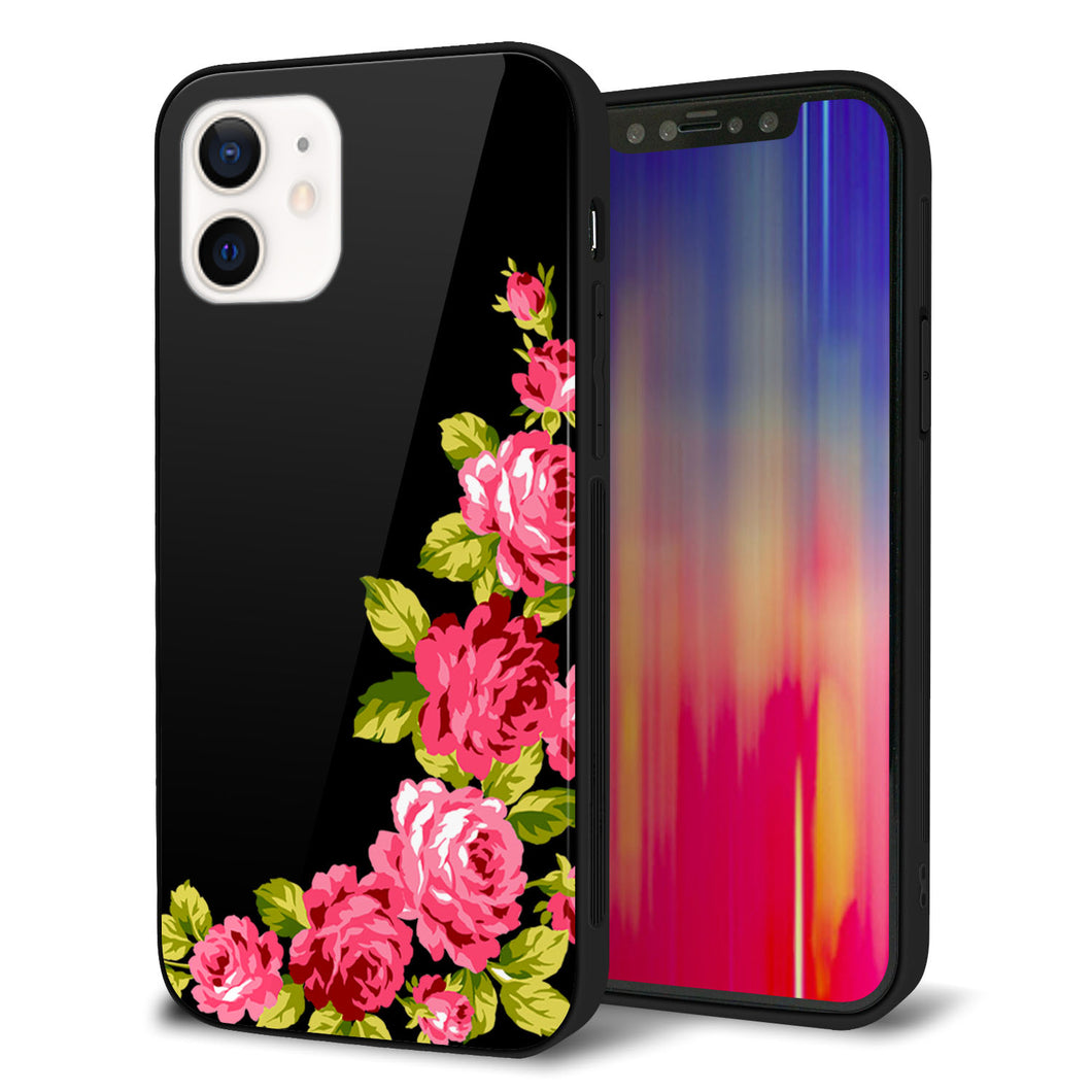 iPhone12 強化ガラス＆TPUスマホケース ガラプリ【VA826 バラのフレーム(黒)】